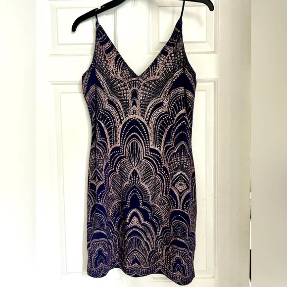 slim fit dress slacks Long Sleeves Navy Blue Sequins Boydcon Mini Dress – Dreamdressy main image 1